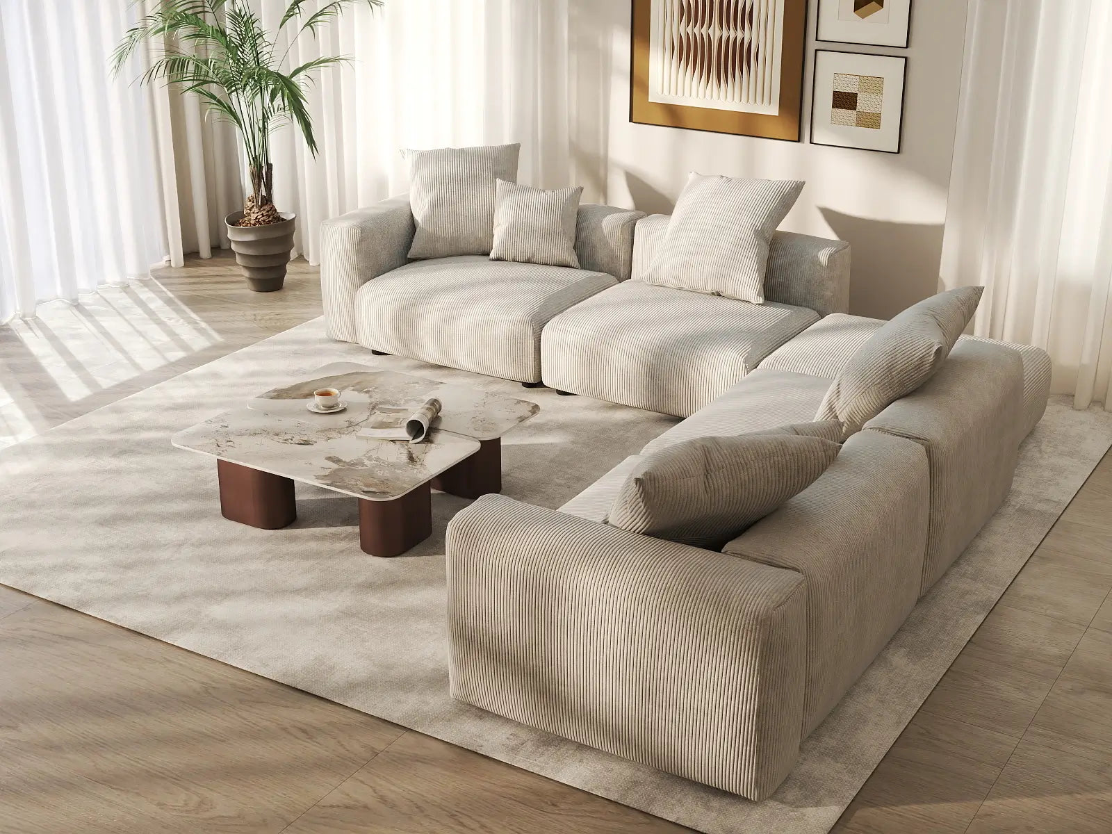 WJS Home 5 Piece Beige Corduroy V Shaped Sectionals 4 Seater_7