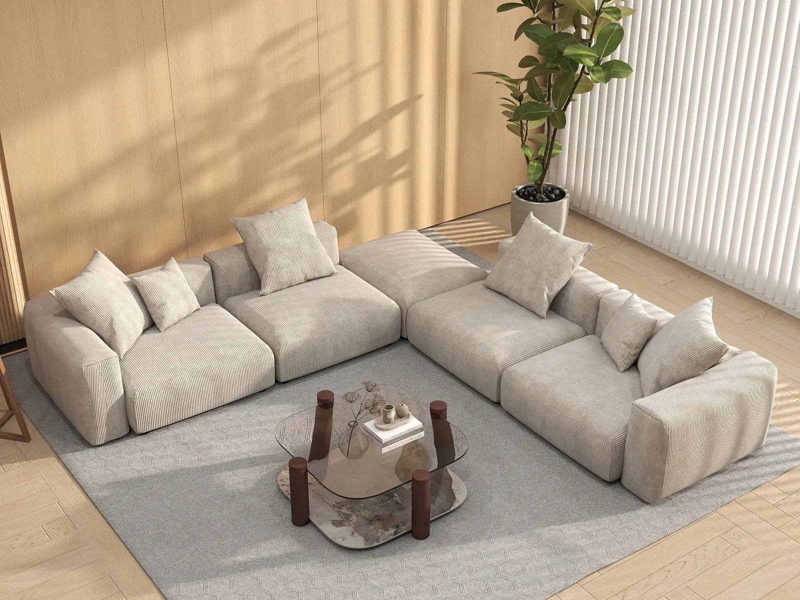 WJS Home 5 Piece Beige Corduroy V Shaped Sectionals 4 Seater_8