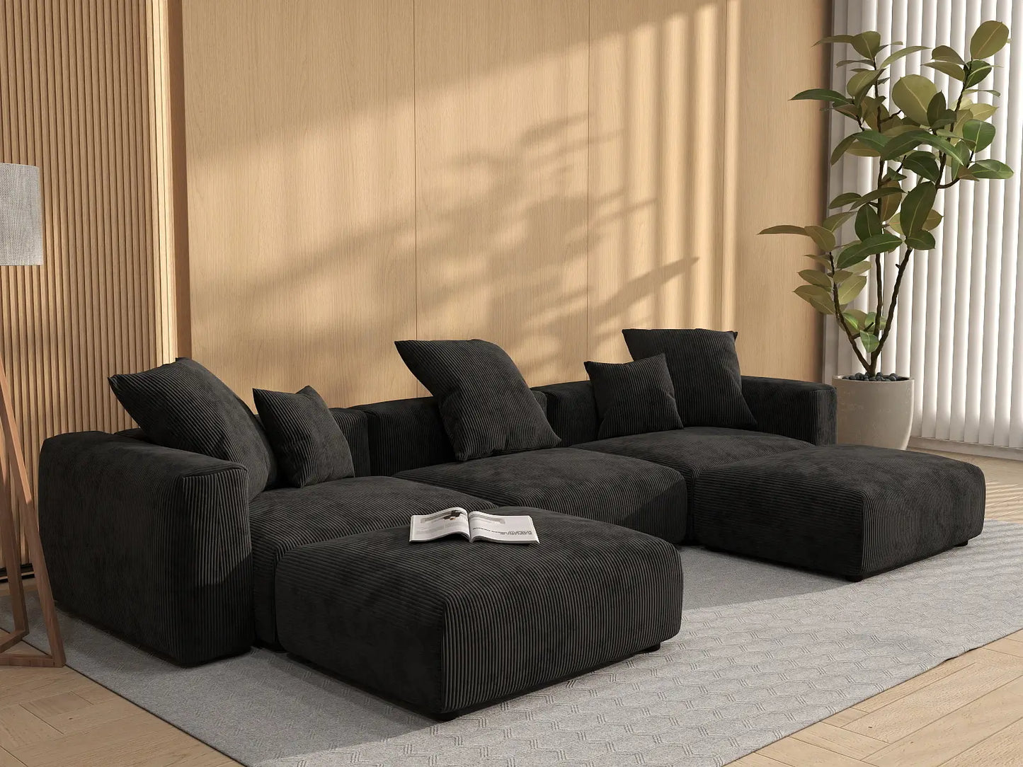 WJS Home 5 Piece Black Corduroy U Shaped Sectionals 3 Seater_1