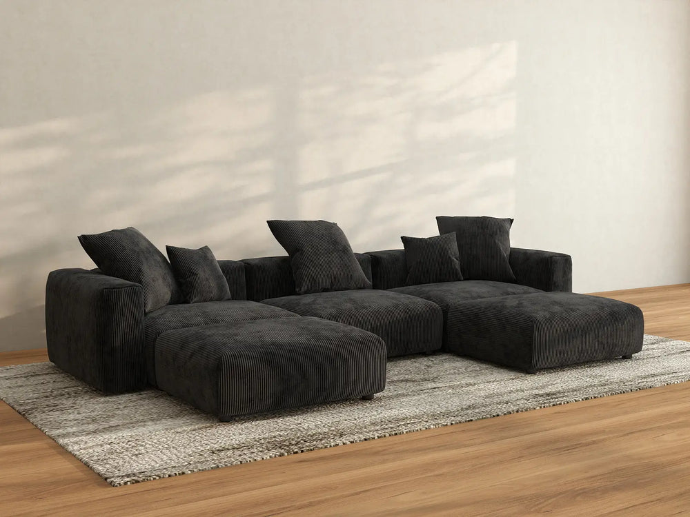 WJS Home 5 Piece Black Corduroy U Shaped Sectionals 3 Seater_2