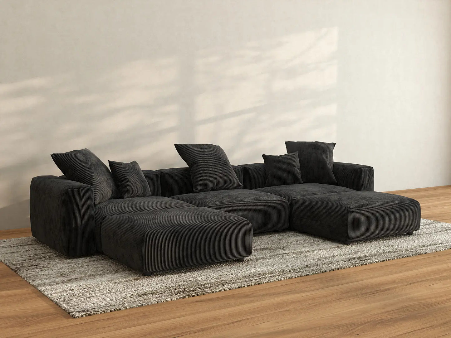 WJS Home 5 Piece Black Corduroy U Shaped Sectionals 3 Seater_2