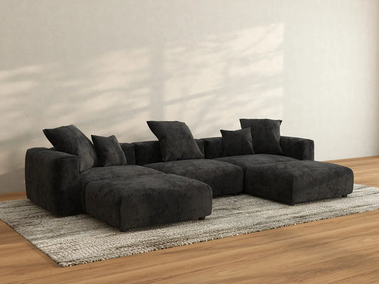 WJS Home 5 Piece Black Corduroy U Shaped Sectionals 3 Seater_2