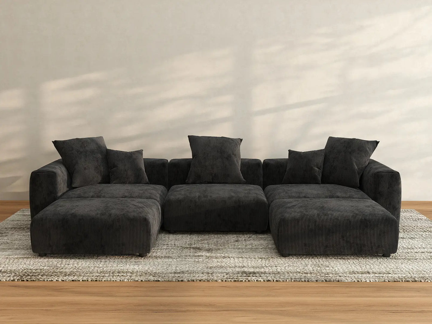WJS Home 5 Piece Black Corduroy U Shaped Sectionals 3 Seater_3