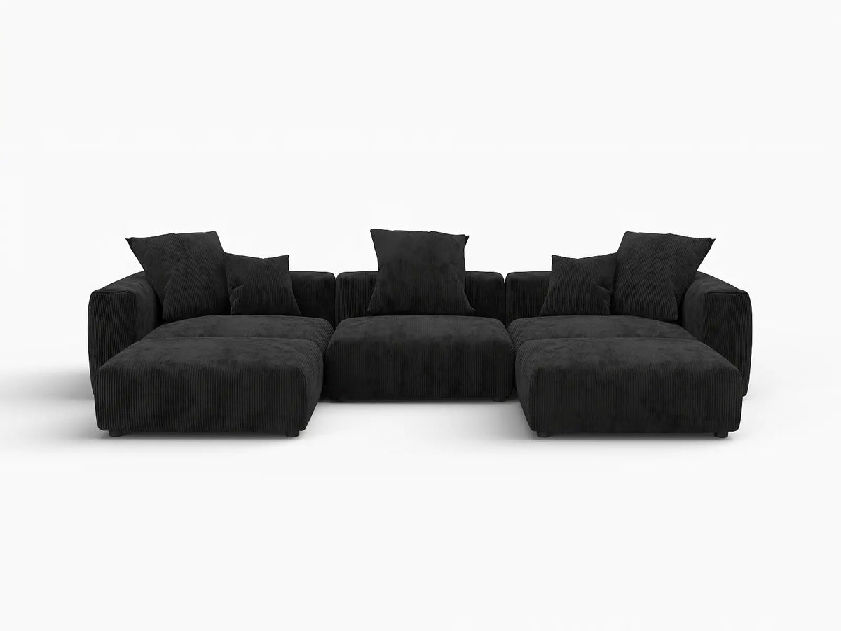 WJS Home 5 Piece Black Corduroy U Shaped Sectionals 3 Seater_4
