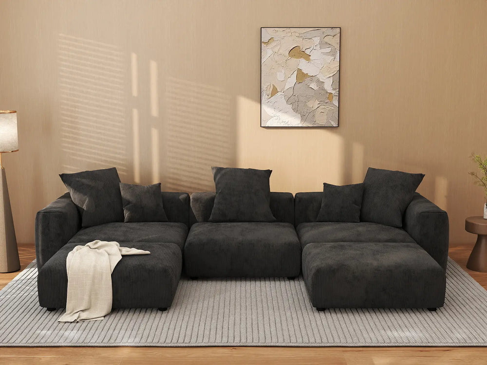 WJS Home 5 Piece Black Corduroy U Shaped Sectionals 3 Seater_6