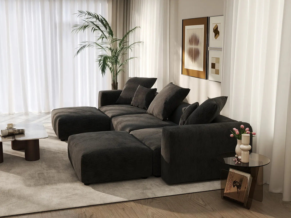 WJS Home 5 Piece Black Corduroy U Shaped Sectionals 3 Seater_7
