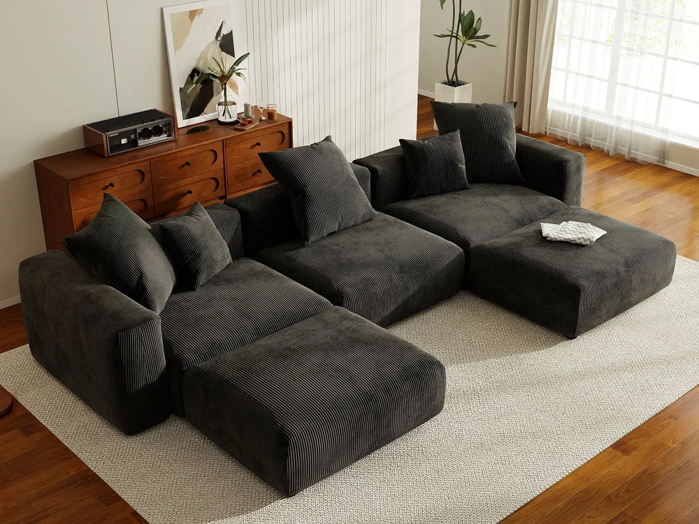WJS Home 5 Piece Black Corduroy U Shaped Sectionals 3 Seater_8