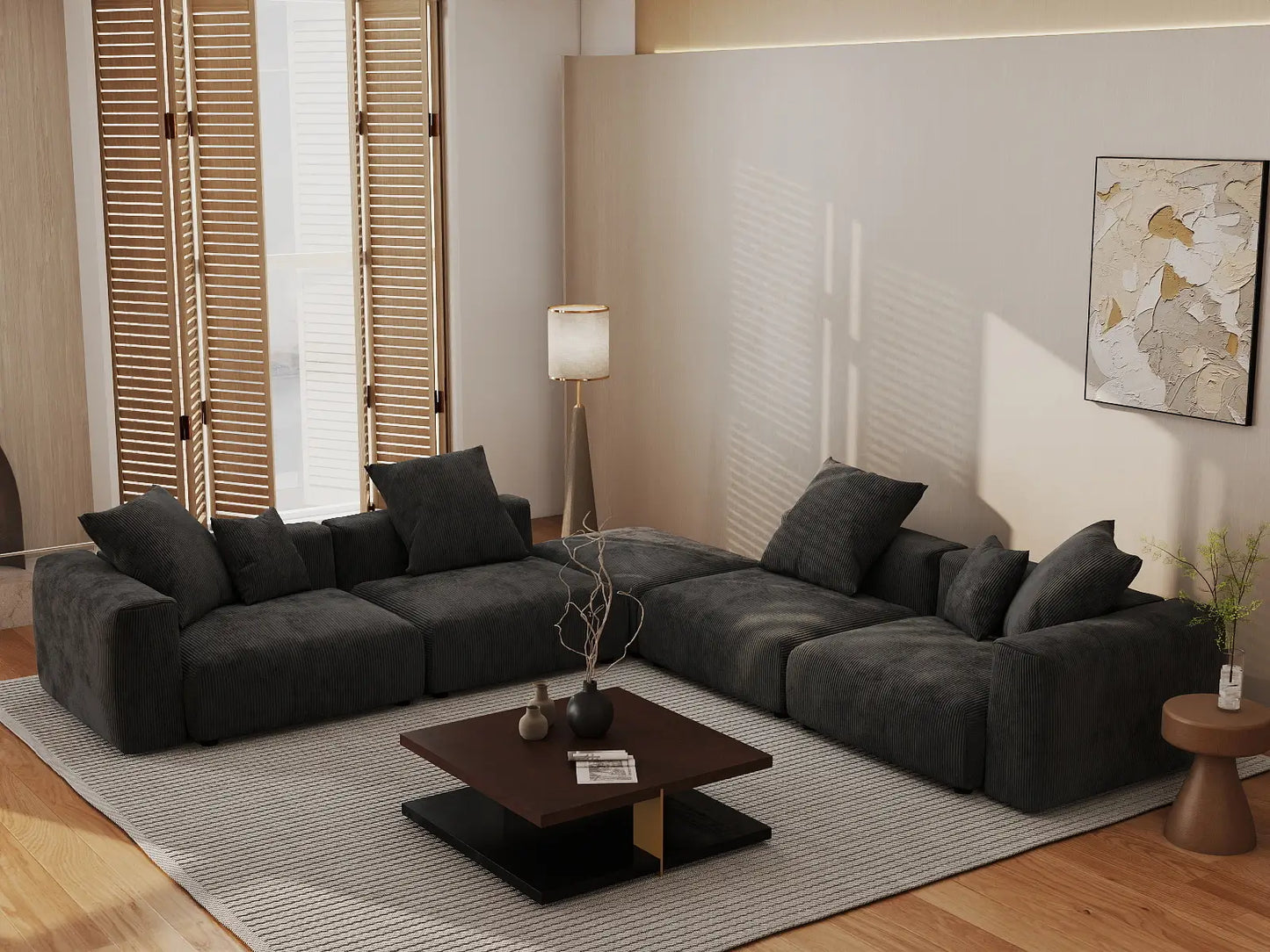 WJS Home 5 Piece Black Corduroy V Shaped Sectionals 4 Seater_1