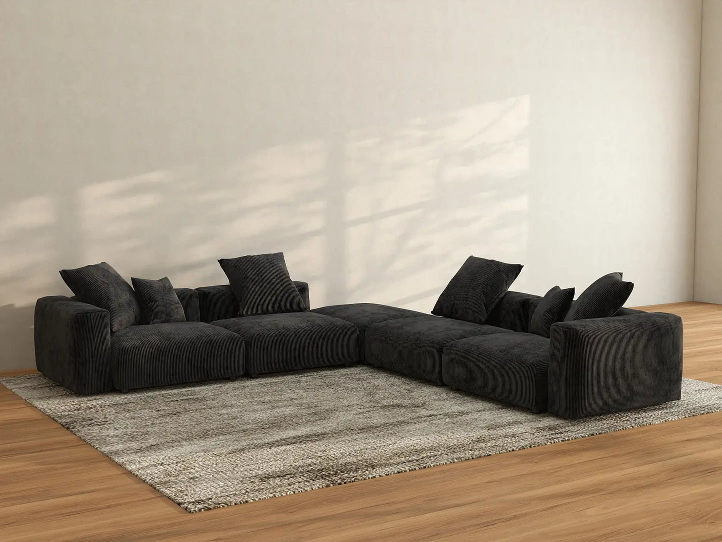 WJS Home 5 Piece Black Corduroy V Shaped Sectionals 4 Seater_2