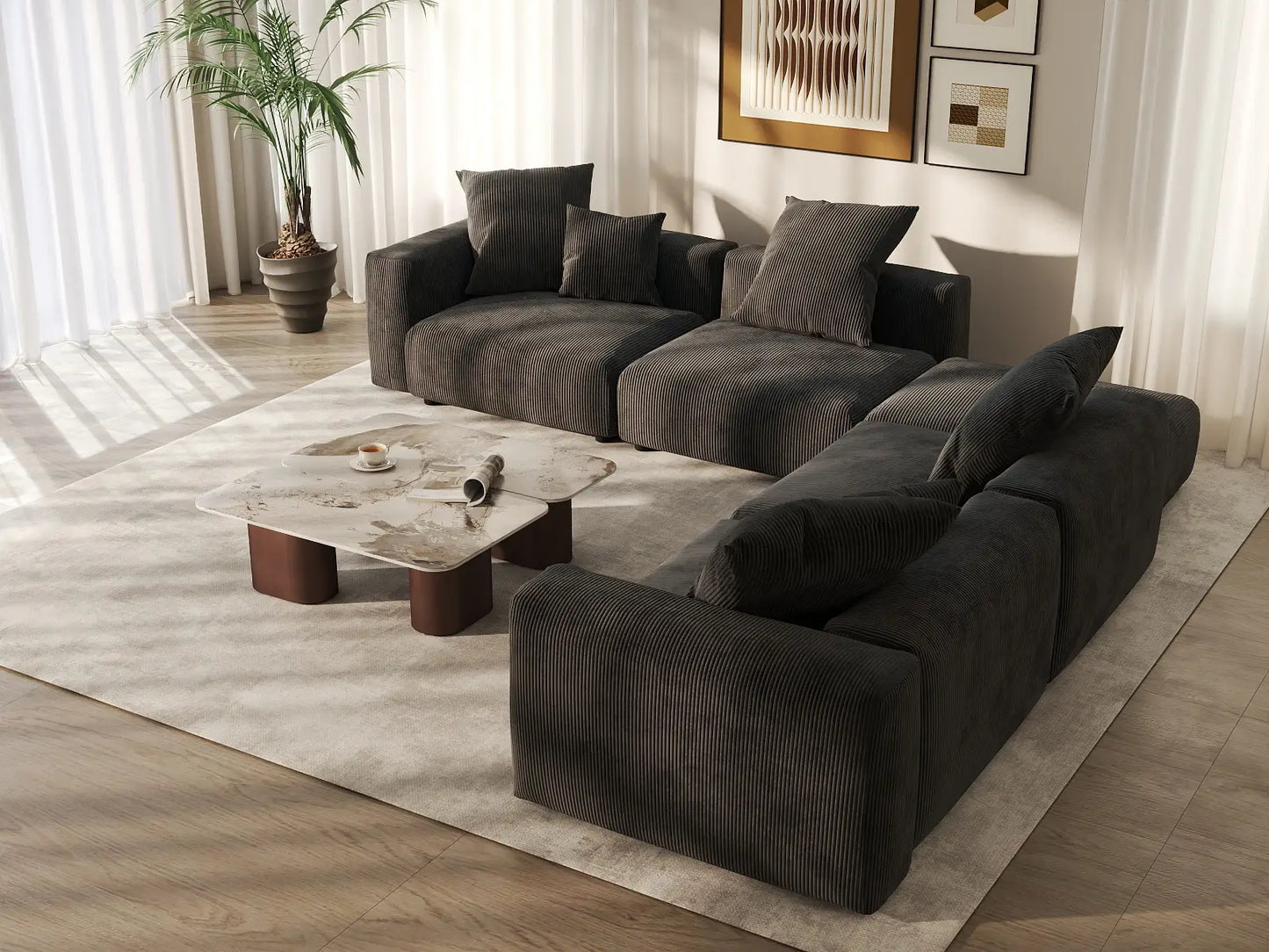 WJS Home 5 Piece Black Corduroy V Shaped Sectionals 4 Seater_7