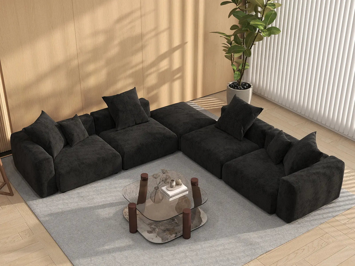 WJS Home 5 Piece Black Corduroy V Shaped Sectionals 4 Seater_8