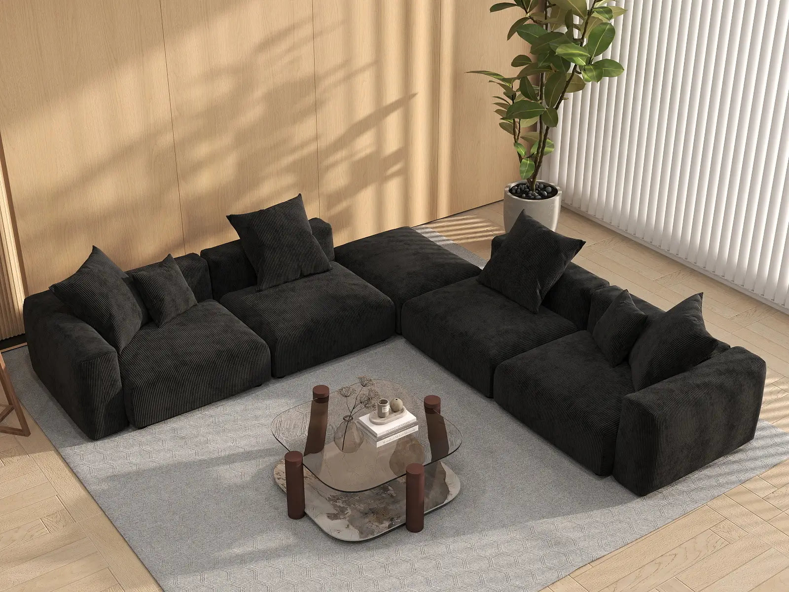 WJS Home 5 Piece Black Corduroy V Shaped Sectionals 4 Seater_8