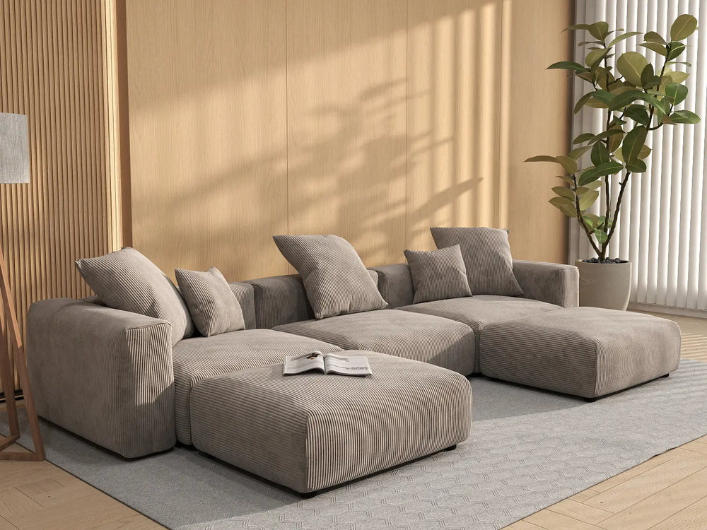 WJS Home 5 Piece Brown Corduroy U Shaped Sectionals 3 Seater_1