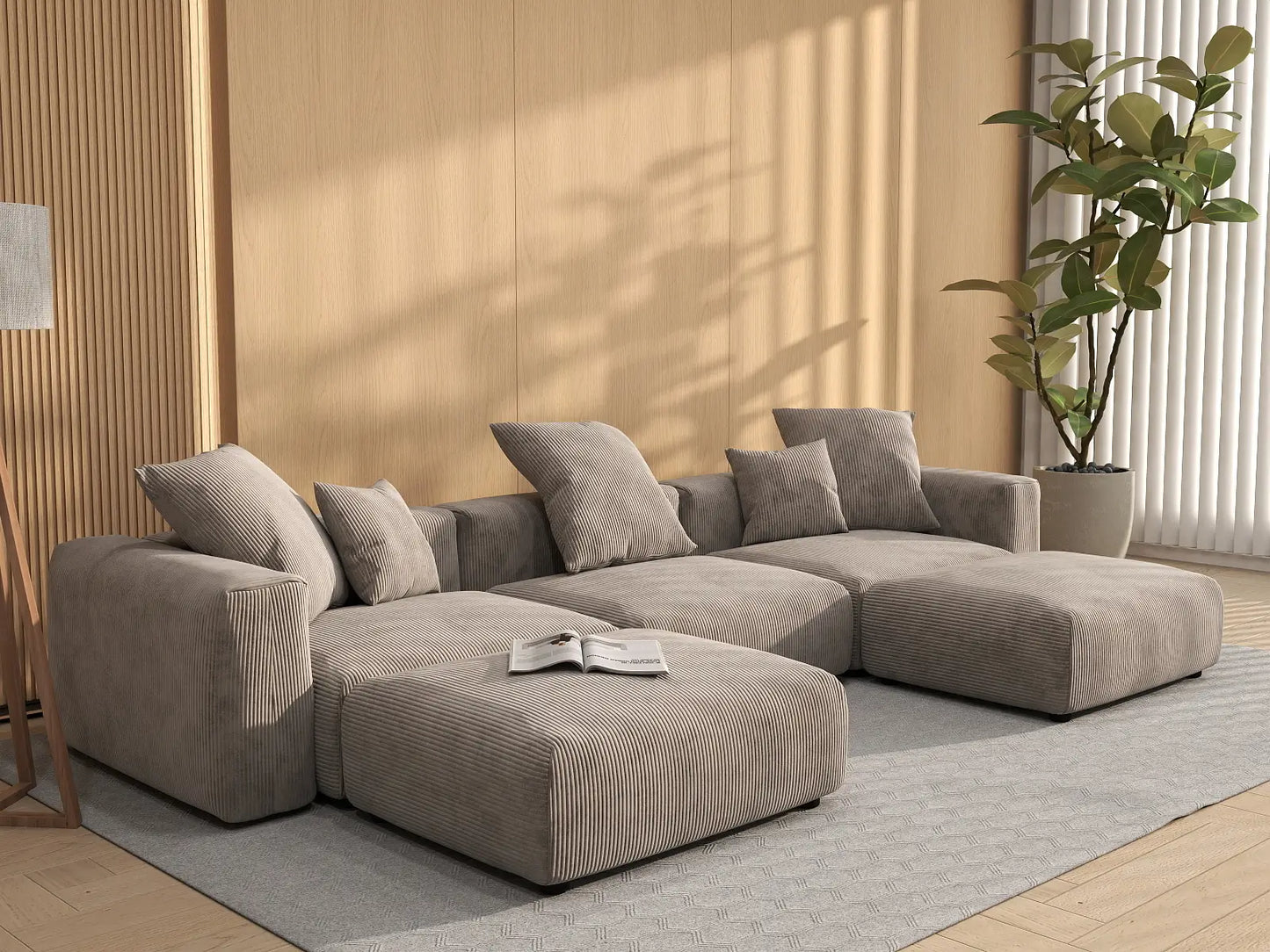 WJS Home 5 Piece Brown Corduroy U Shaped Sectionals 3 Seater_1