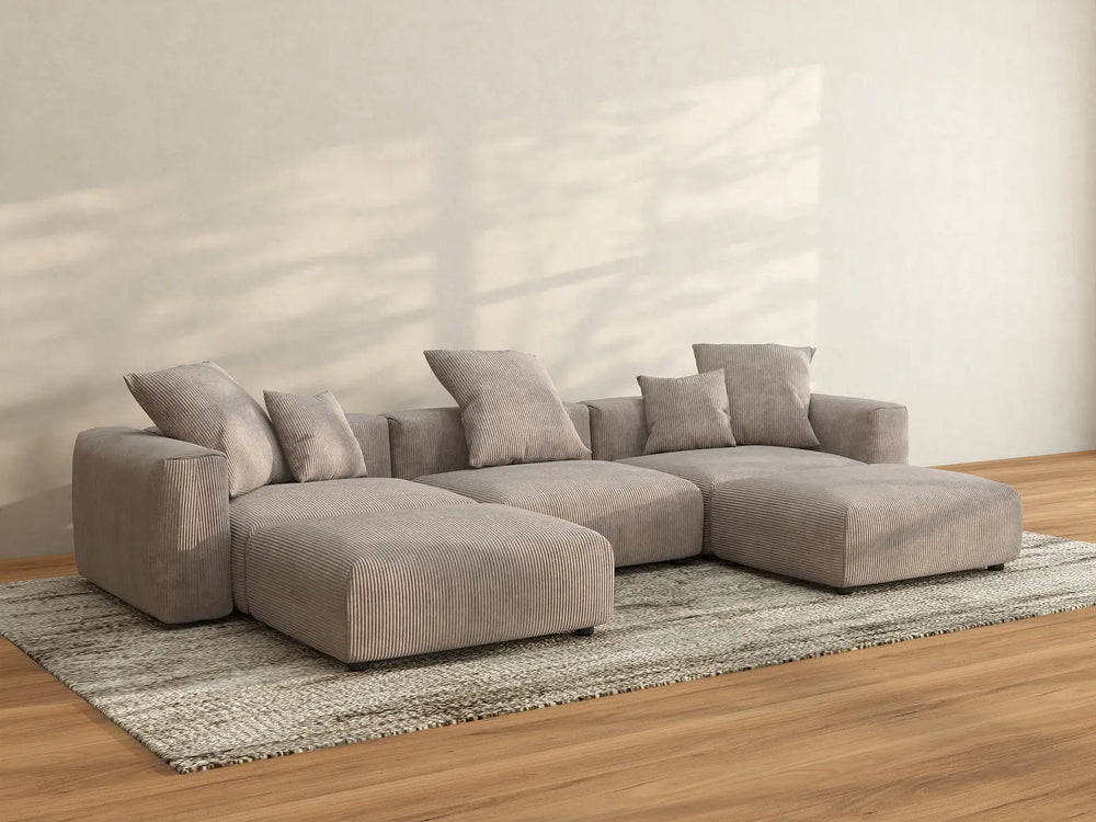 WJS Home 5 Piece Brown Corduroy U Shaped Sectionals 3 Seater_2