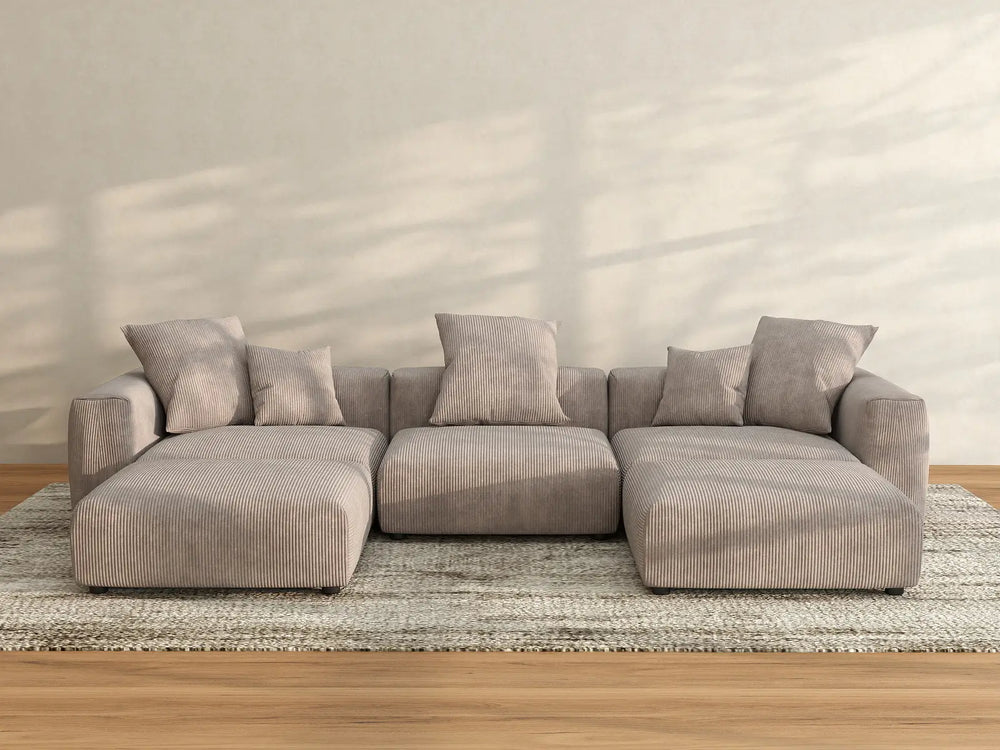 WJS Home 5 Piece Brown Corduroy U Shaped Sectionals 3 Seater_3