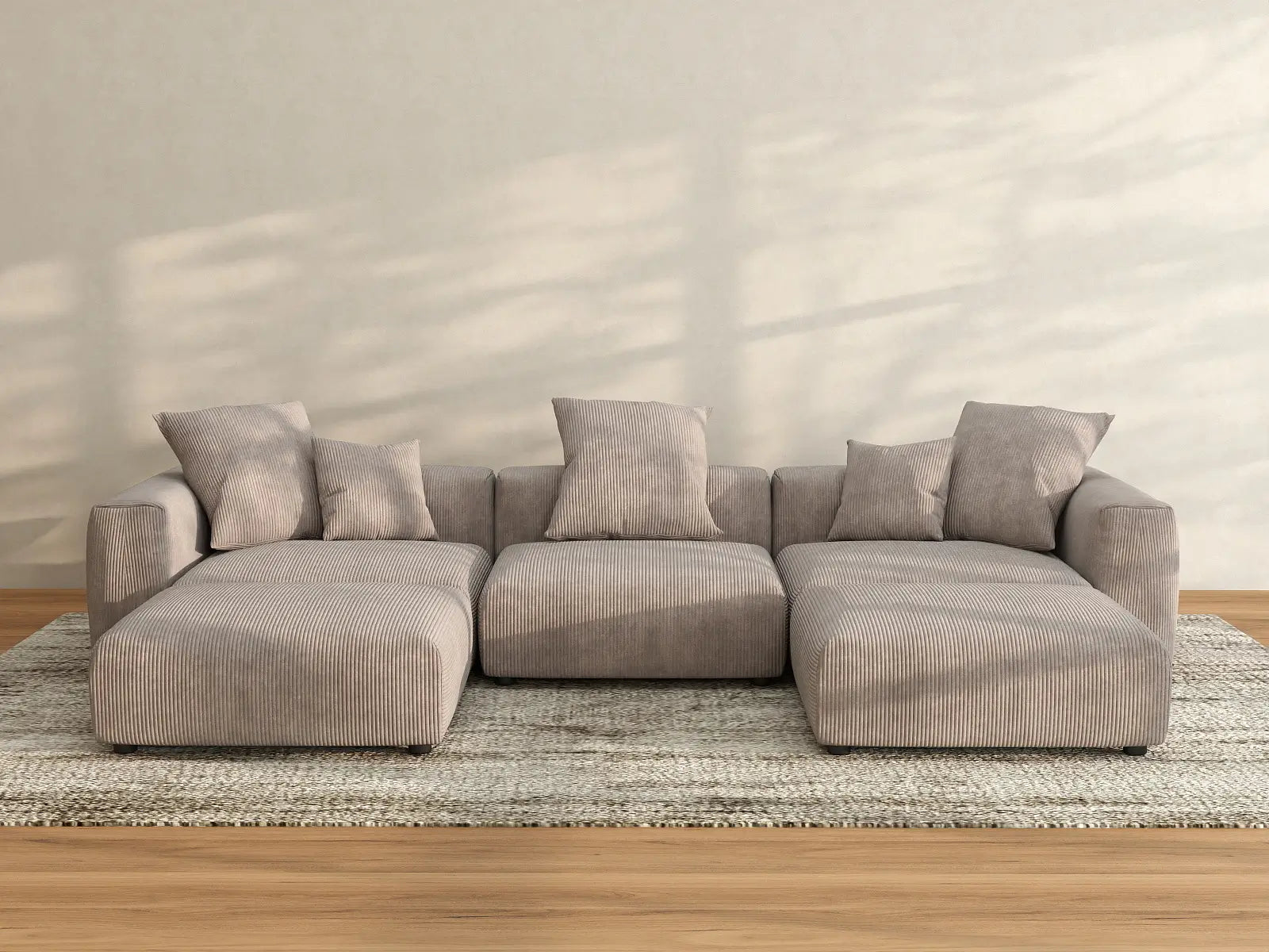 WJS Home 5 Piece Brown Corduroy U Shaped Sectionals 3 Seater_3