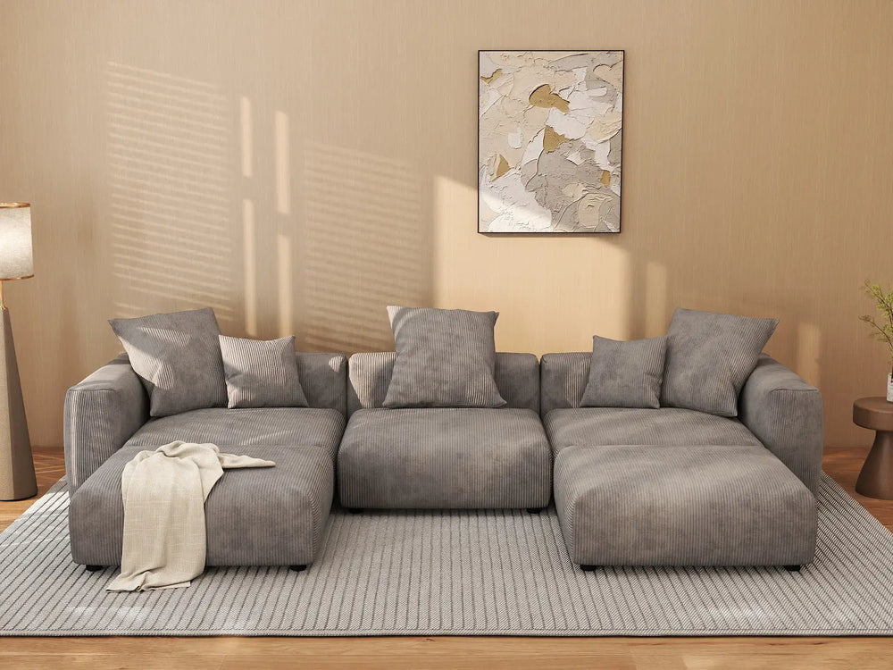 WJS Home 5 Piece Brown Corduroy U Shaped Sectionals 3 Seater_6