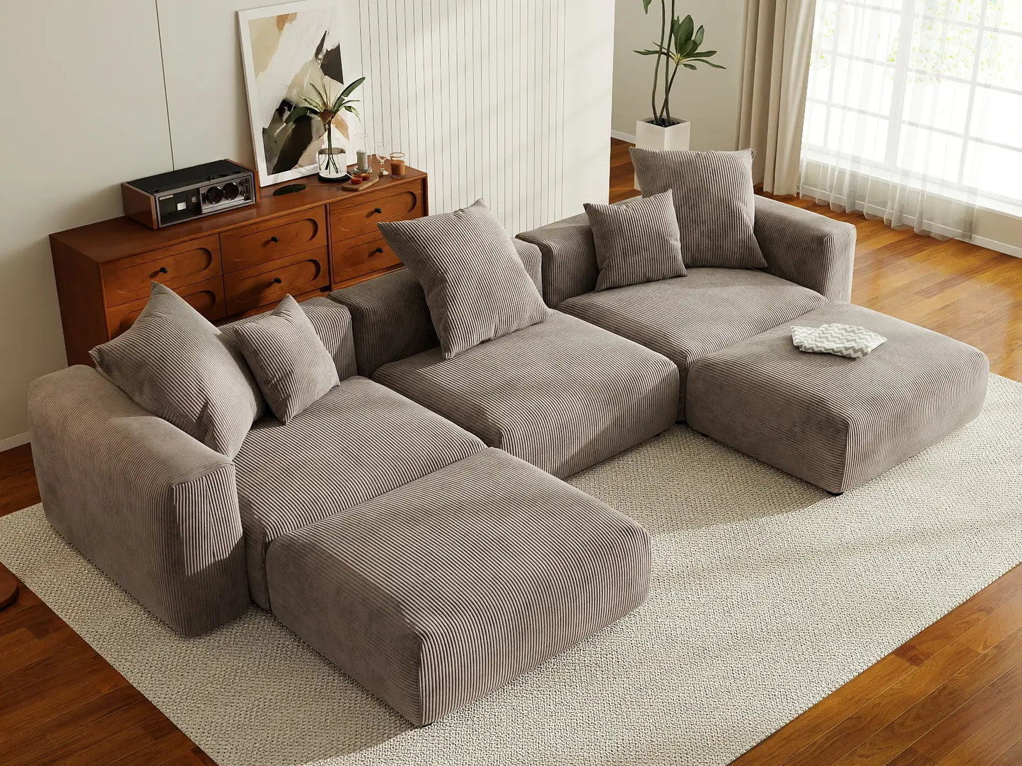 WJS Home 5 Piece Brown Corduroy U Shaped Sectionals 3 Seater_8