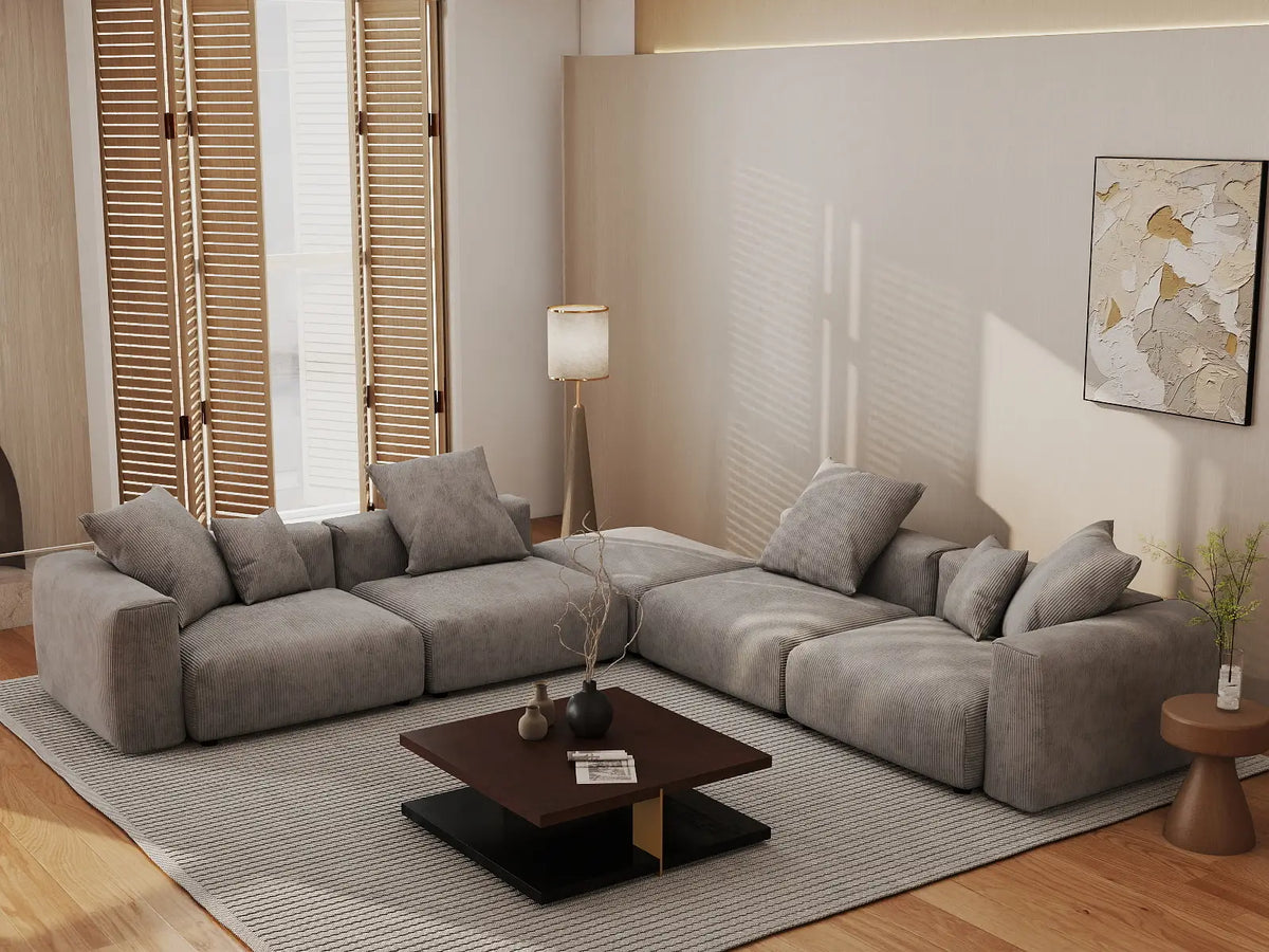WJS Home 5 Piece Brown Corduroy V Shaped Sectionals 4 Seater_1