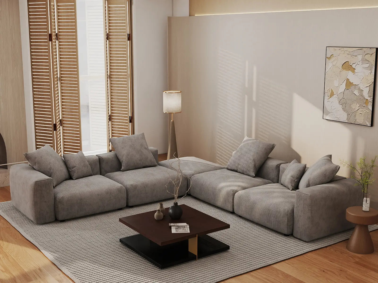WJS Home 5 Piece Brown Corduroy V Shaped Sectionals 4 Seater_1