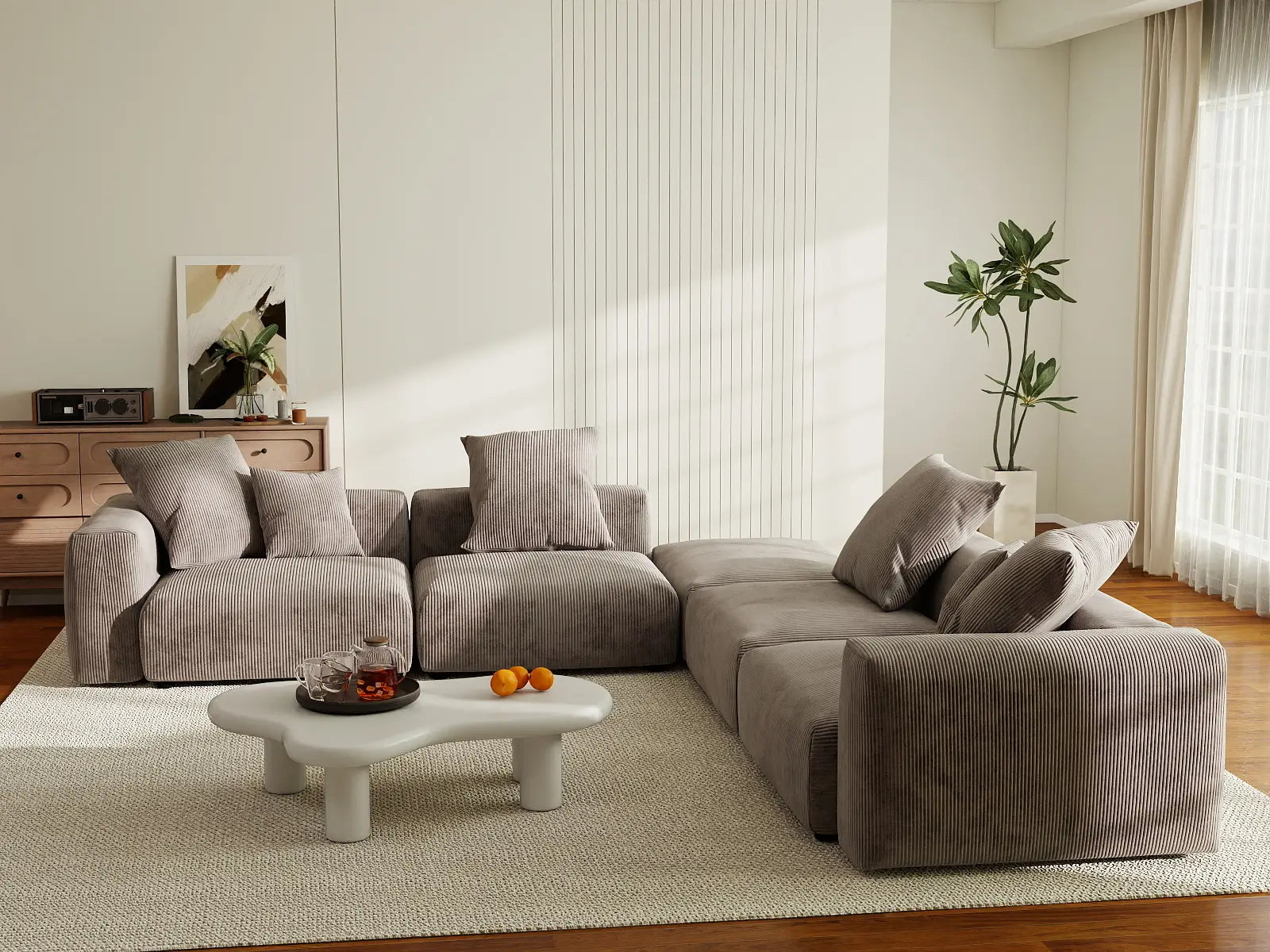 WJS Home 5 Piece Brown Corduroy V Shaped Sectionals 4 Seater_6