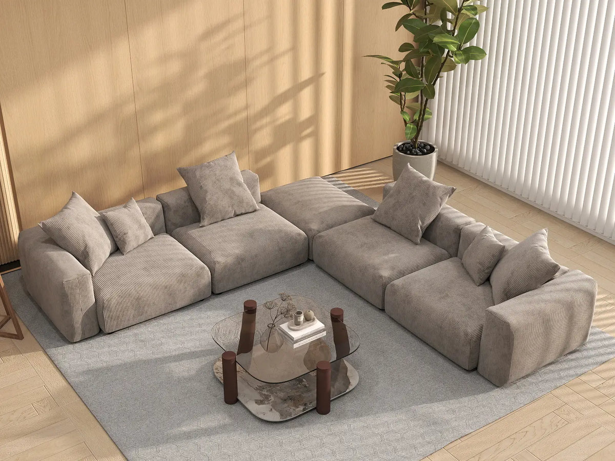 WJS Home 5 Piece Brown Corduroy V Shaped Sectionals 4 Seater_8