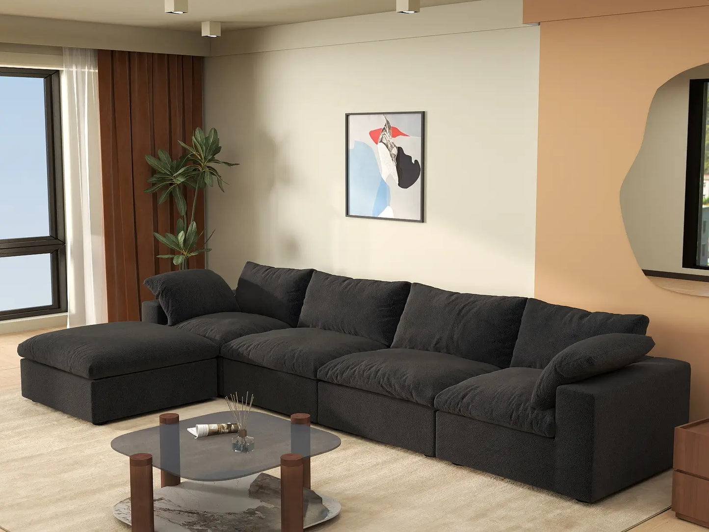 WJS Home 5 Piece Cotton and Linen Black L Shaped Sectionals 160 Cloud Like Comfort 4 Seater_1