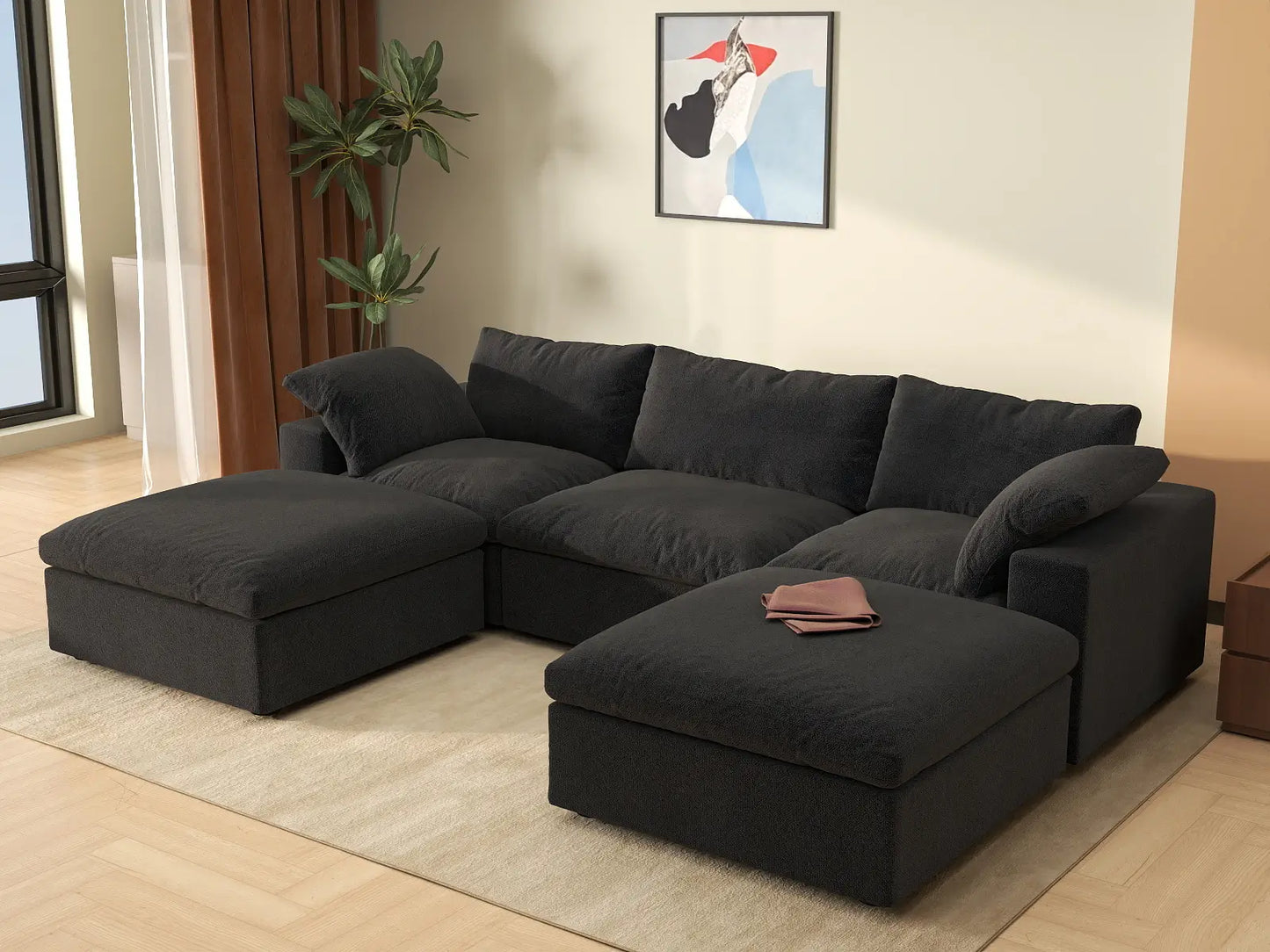 WJS Home 5 Piece Cotton and Linen Black U shaped Sectionals 120 Removable _ Washable Covers 3 Seater_1