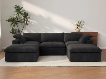 Deluxe Cloud 3-Seater Black Storage U-Shaped Sectional | 5-Piece (includes 2 Ottomans), Cotton and Linen Fabric, Washable Covers