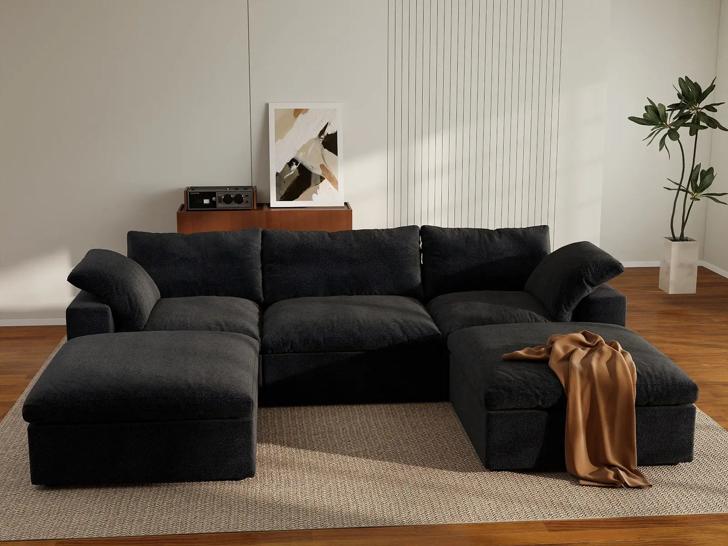 WJS Home 5 Piece Cotton and Linen Black U shaped Sectionals 120 Removable _ Washable Covers 3 Seater_6