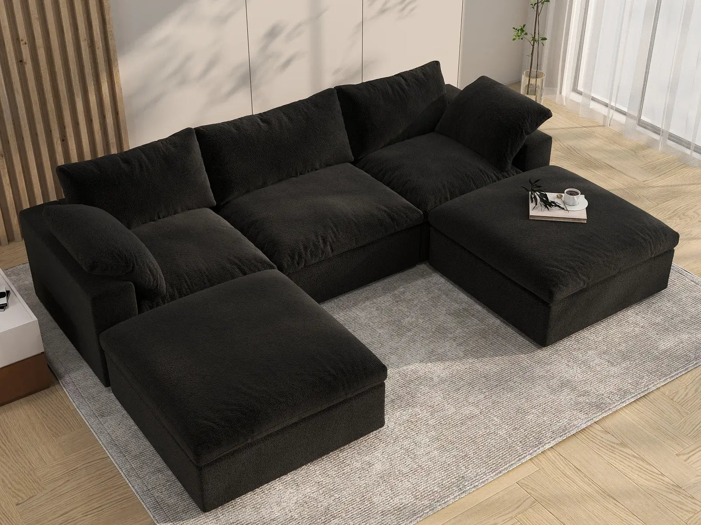 WJS Home 5 Piece Cotton and Linen Black U shaped Sectionals 120 Removable _ Washable Covers 3 Seater_8