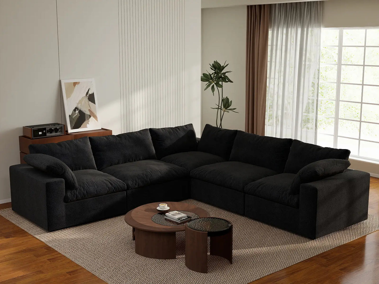 WJS Home 5 Piece Cotton and Linen Black V shaped Sectionals 120 Removable _ Washable Covers 5 Seater_1