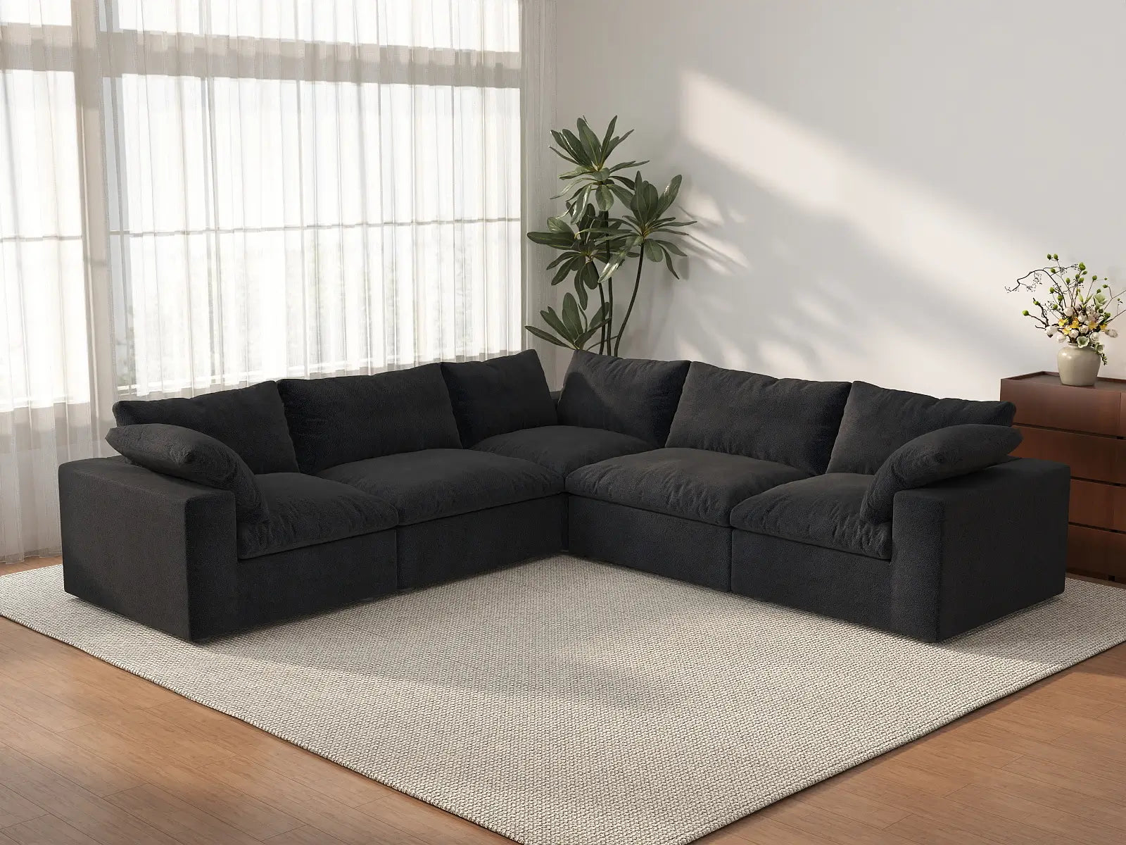 WJS Home 5 Piece Cotton and Linen Black V shaped Sectionals 120 Removable _ Washable Covers 5 Seater_3