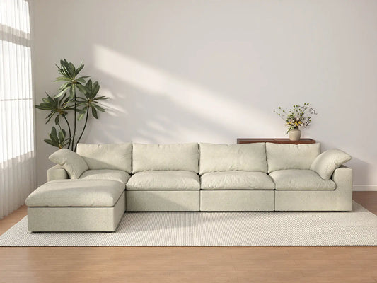 Deluxe Premium Cloud Sectional Sofas | 5-Piece Cotton and Linen Khaki L-Shaped Sectionals 160" Removable & Washable Covers 4-seater