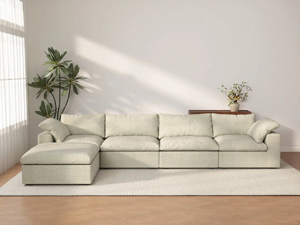 Sofás seccionales Deluxe Premium Cloud | Seccionales en forma de L de 5 piezas, de algodón y lino, color caqui, de 407 cm (160"), con fundas extraíbles y lavables, para 4 plazas