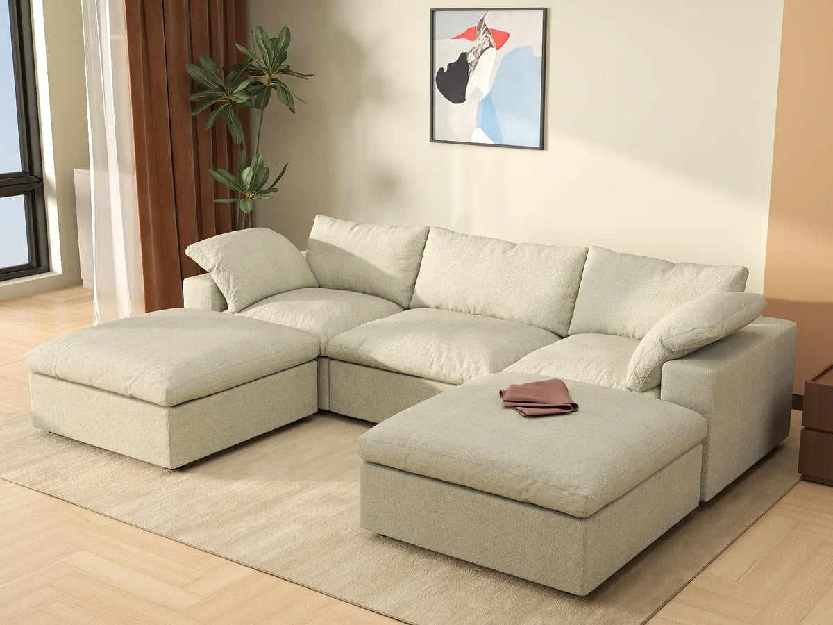 WJS Home 5 Piece Cotton and Linen Khaki U shaped Sectionals 120 Removable _ Washable Covers 3 Seater_1