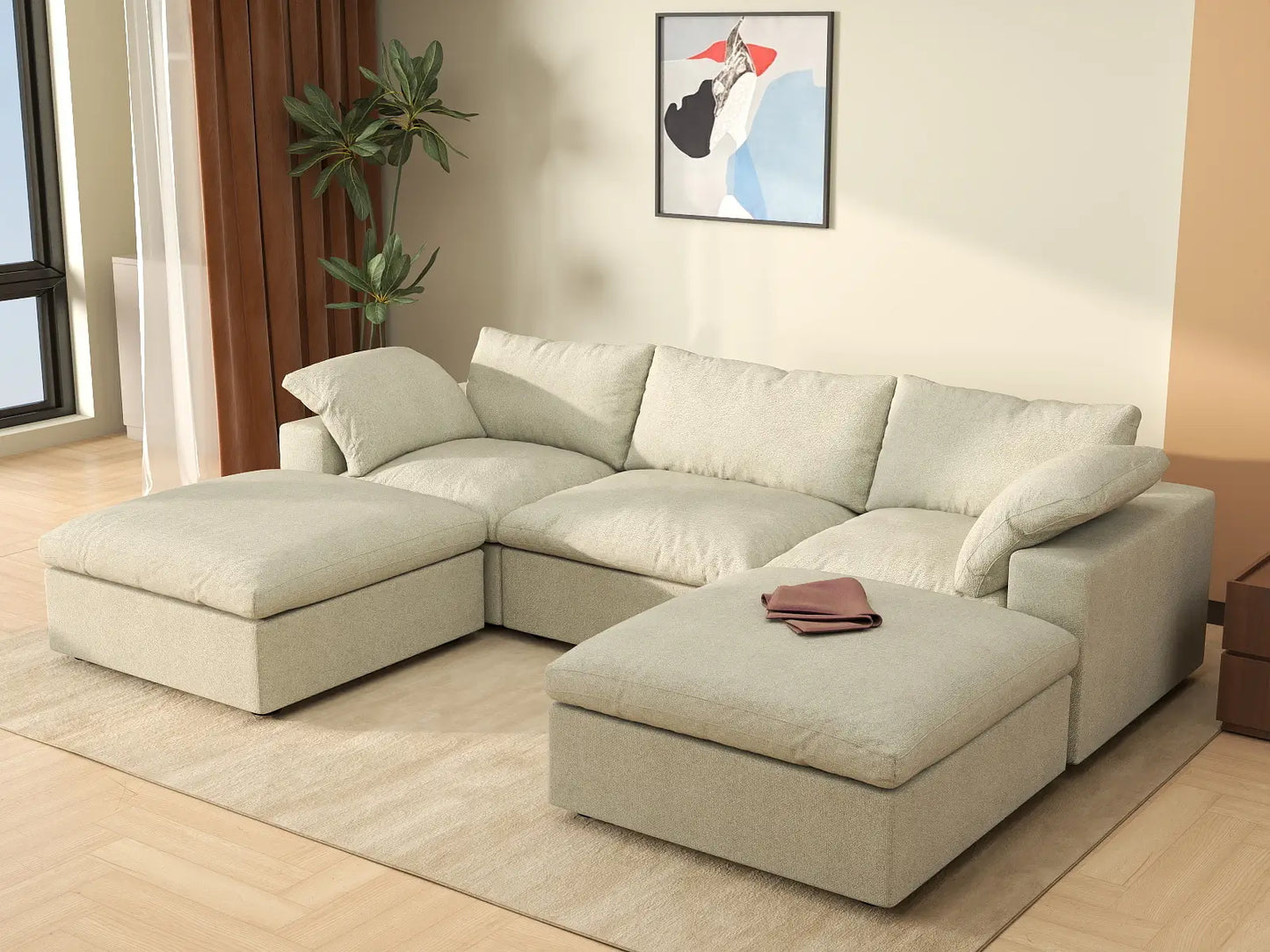 WJS Home 5 Piece Cotton and Linen Khaki U shaped Sectionals 120 Removable _ Washable Covers 3 Seater_1