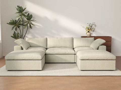 Deluxe Cloud 3-Seater Khaki Storage U-Shaped Sectional | 5-Piece (includes 2 Ottomans), Cotton and Linen Fabric, Washable Covers
