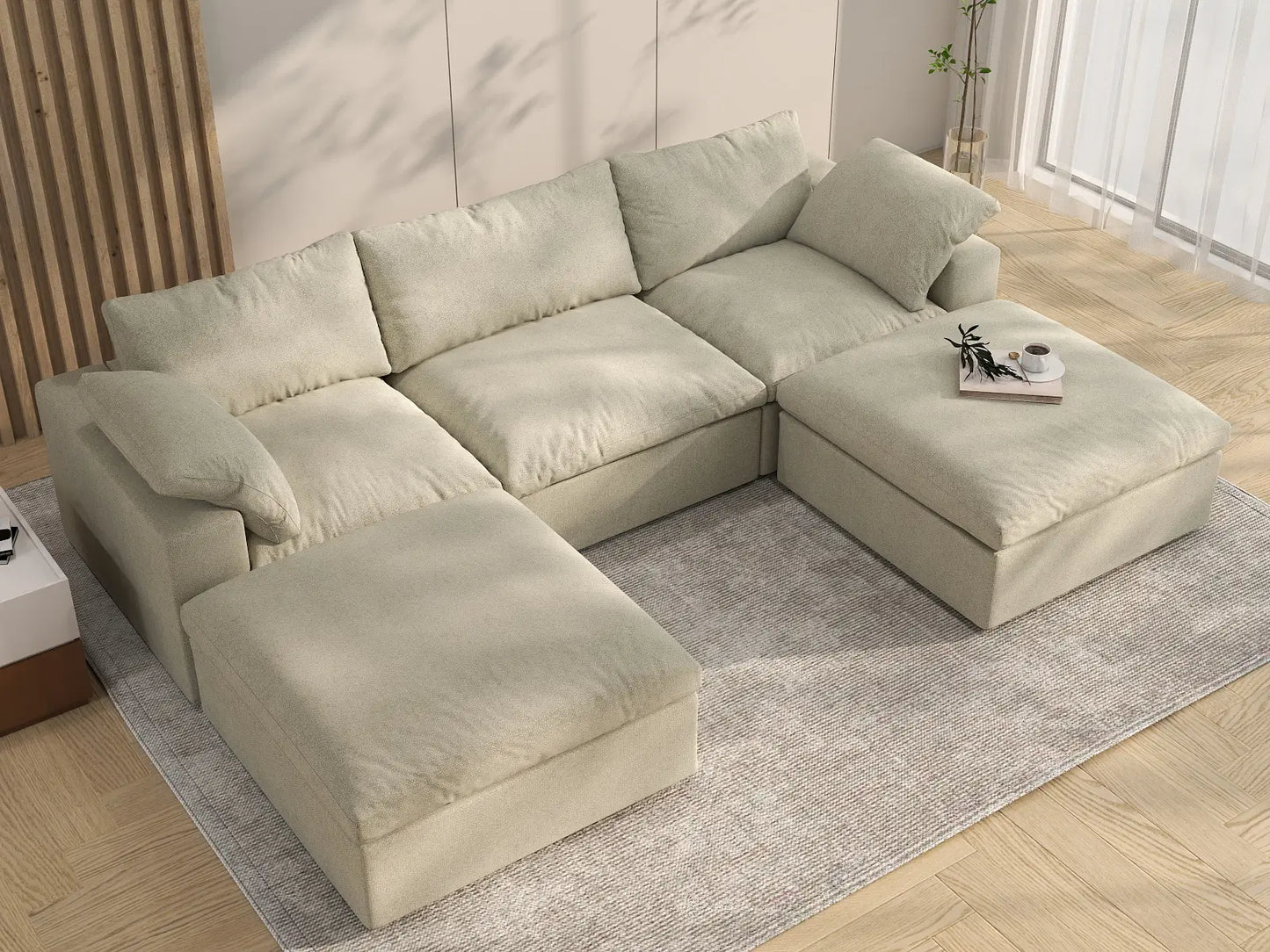 WJS Home 5 Piece Cotton and Linen Khaki U shaped Sectionals 120 Removable _ Washable Covers 3 Seater_8