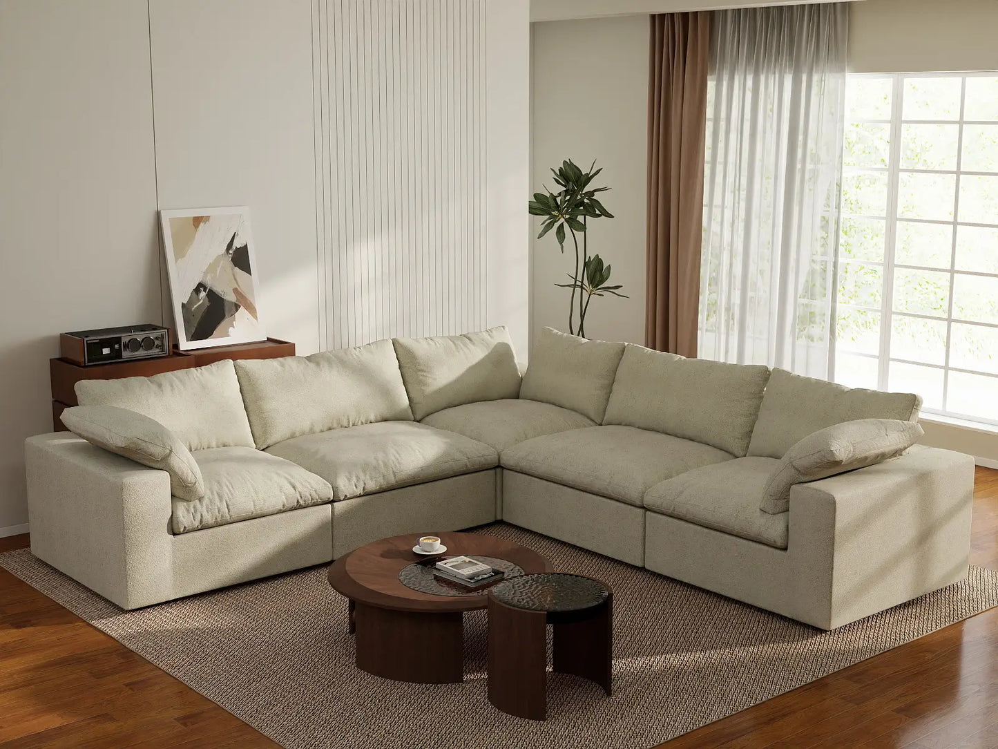 WJS Home 5 Piece Cotton and Linen Khaki V shaped Sectionals 120 Removable _ Washable Covers 5 Seater_1