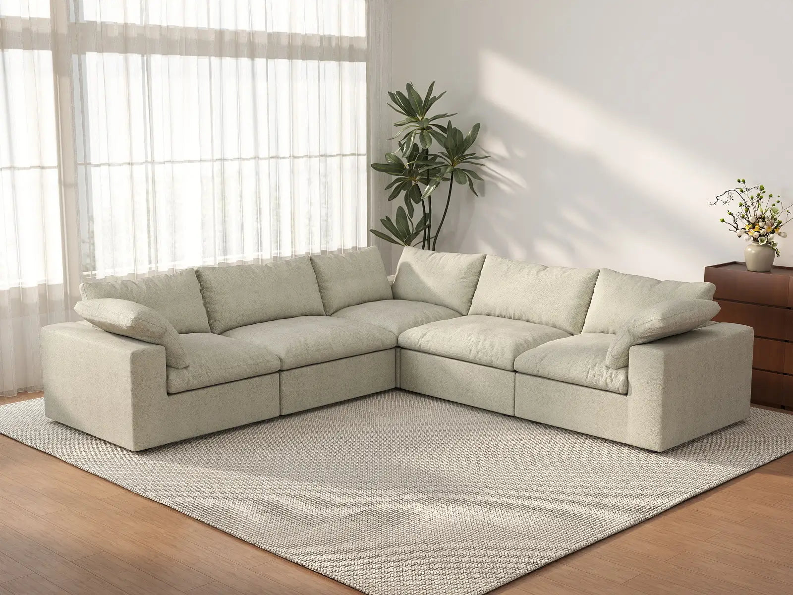 WJS Home 5 Piece Cotton and Linen Khaki V shaped Sectionals 120 Removable _ Washable Covers 5 Seater_3