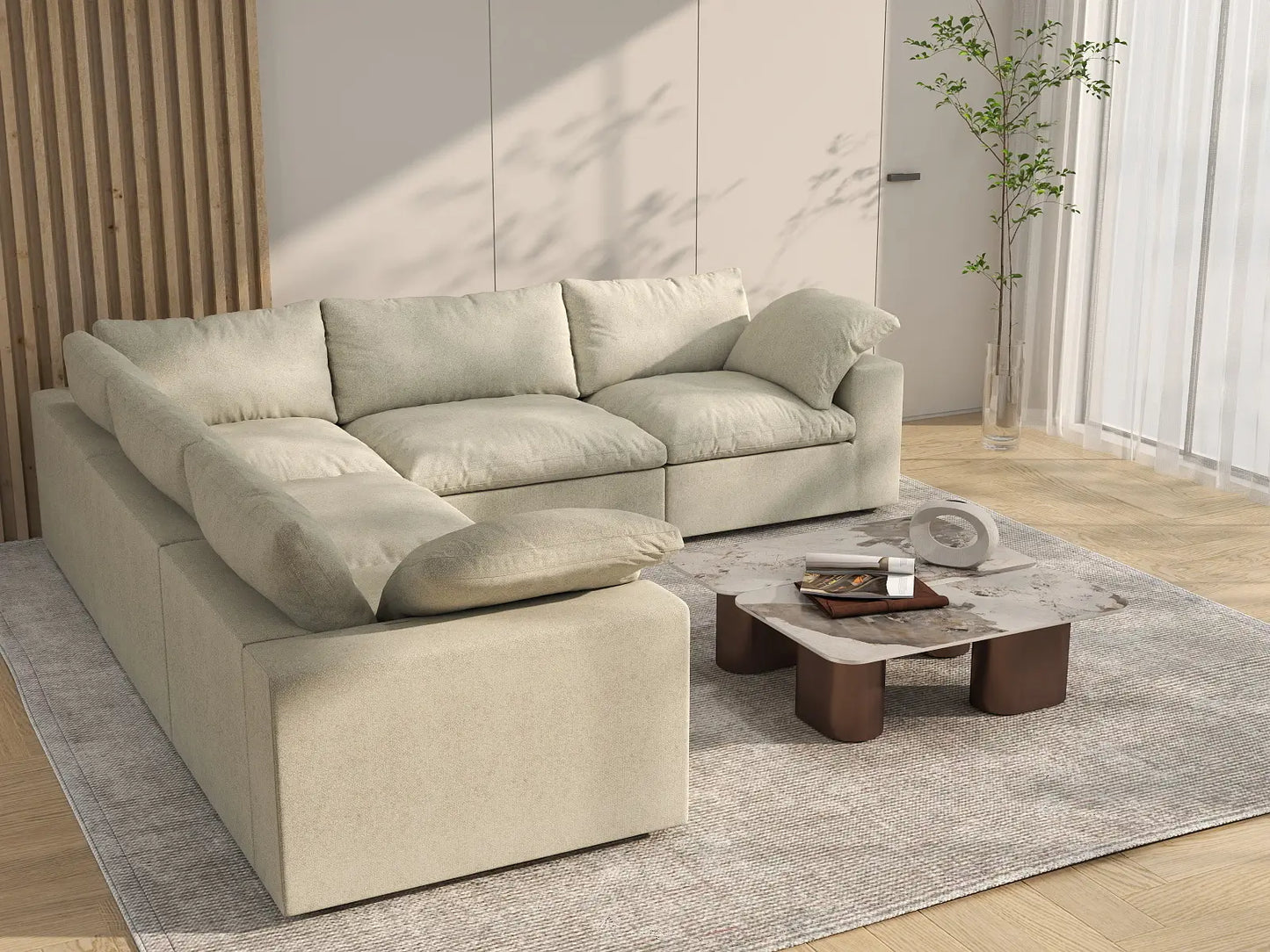 WJS Home 5 Piece Cotton and Linen Khaki V shaped Sectionals 120 Removable _ Washable Covers 5 Seater_7