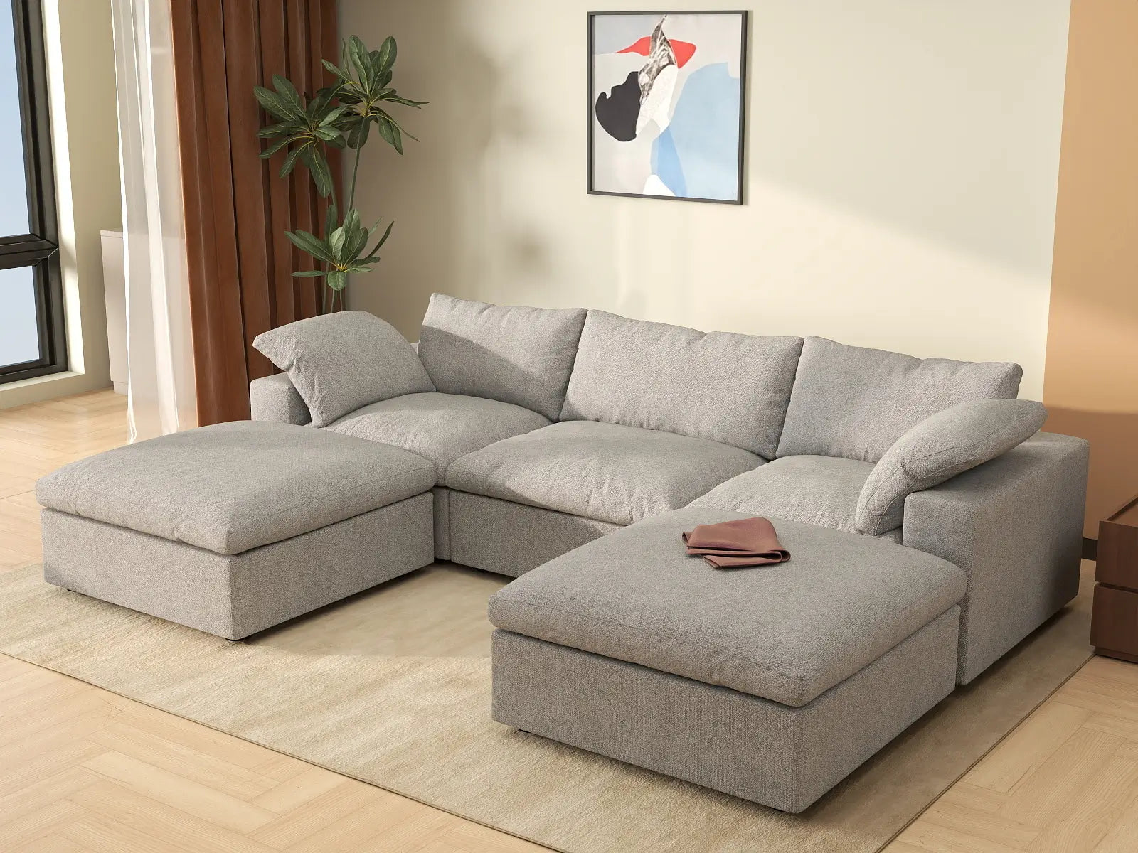 WJS Home 5 Piece Cotton and Linen Light Grey U shaped Sectionals 160 Storage Ottoman 3 Seater_1
