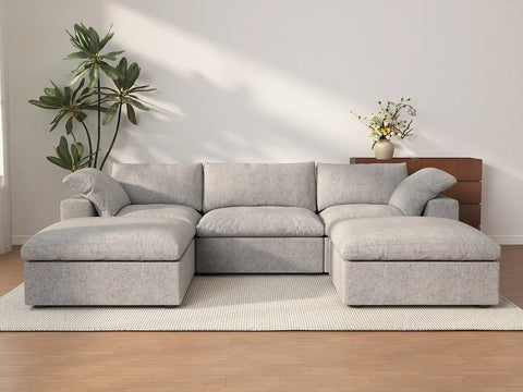 Deluxe Cloud 3-Seater Light-Grey Storage U-Shaped Sectional | 5-Piece (includes 2 Ottomans), Cotton and Linen Fabric, Washable Covers