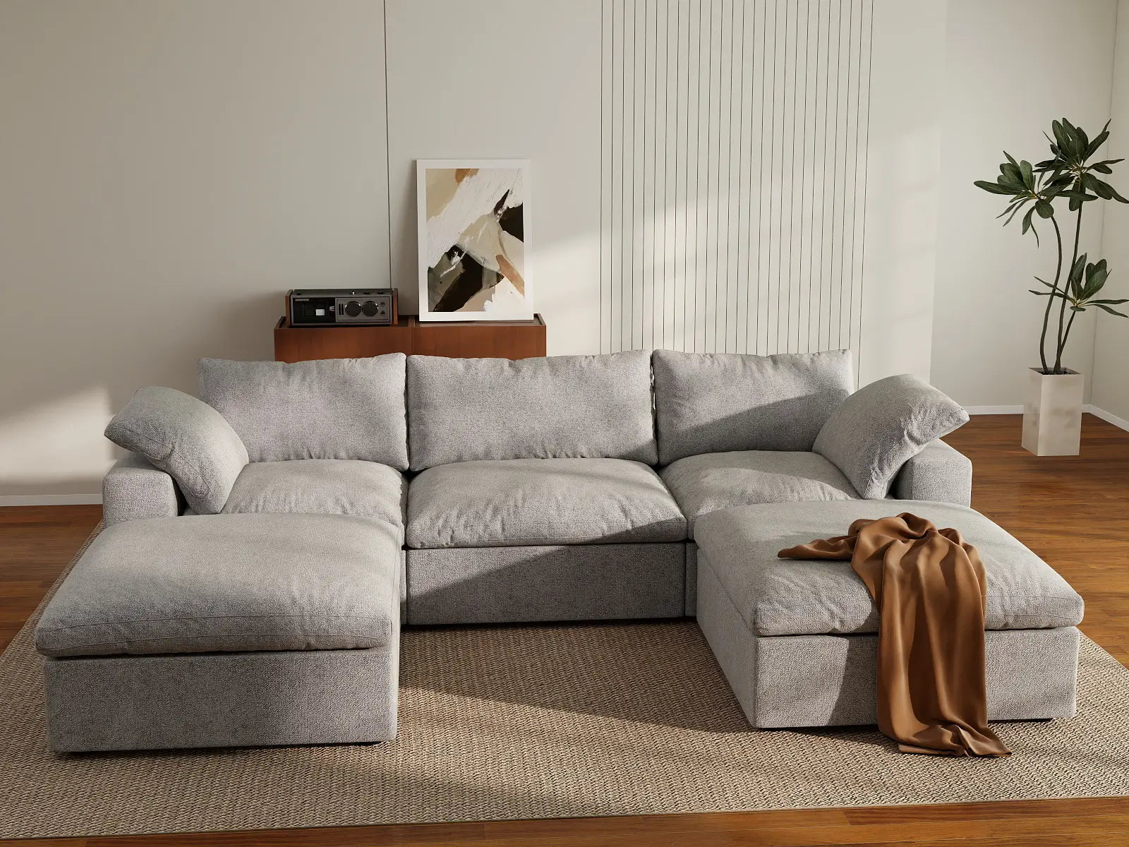 WJS Home 5 Piece Cotton and Linen Light Grey U shaped Sectionals 160 Storage Ottoman 3 Seater_6