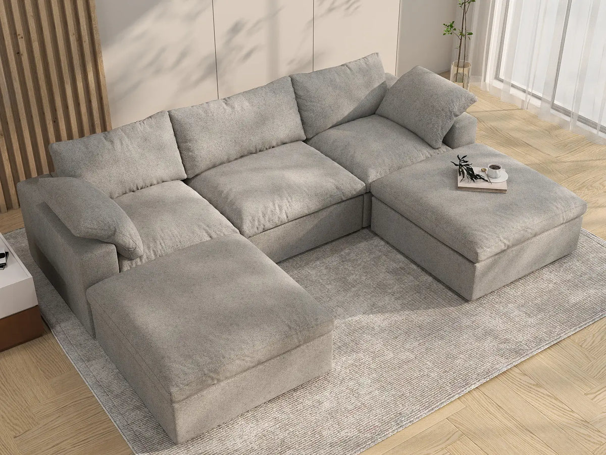 WJS Home 5 Piece Cotton and Linen Light Grey U shaped Sectionals 160 Storage Ottoman 3 Seater_8