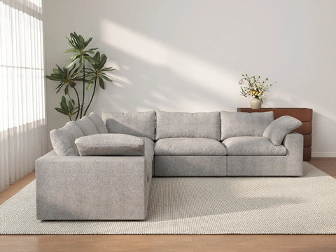 Sofá modular Deluxe Cloud de 5 plazas, color gris claro, lavable, en forma de V | 5 piezas, tela de algodón y lino, diseño modular