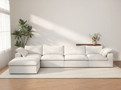 Deluxe Cloud 4-Seater White Storage L-Shaped Sectional | 5-Piece (includes 1 Ottoman), Cotton and Linen Fabric, Washable Covers