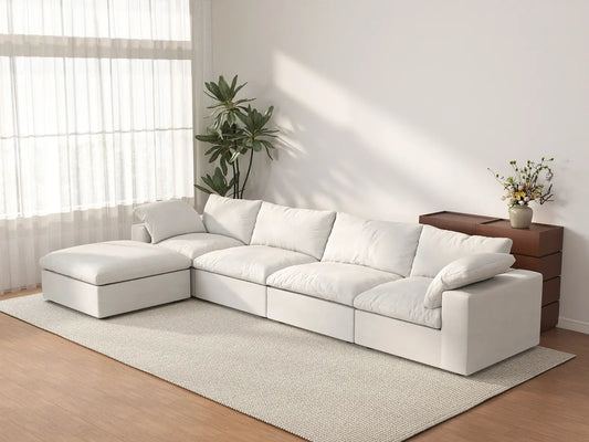Deluxe Premium Cloud Sectional Sofas | 5-Piece Cotton and Linen White L-Shaped Sectionals 160" Removable & Washable Covers 4-seater